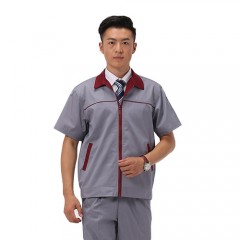 155g细斜红灰短袖工作服 夏季车间工服（上衣） 单位服装定制